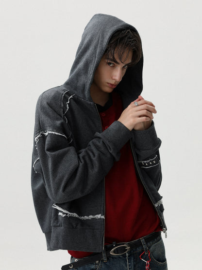 DISTRESSED CUT-OFF STITCH ZIP HOODIE