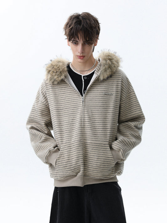 STRIPED FUR HOODED ZIP-UP