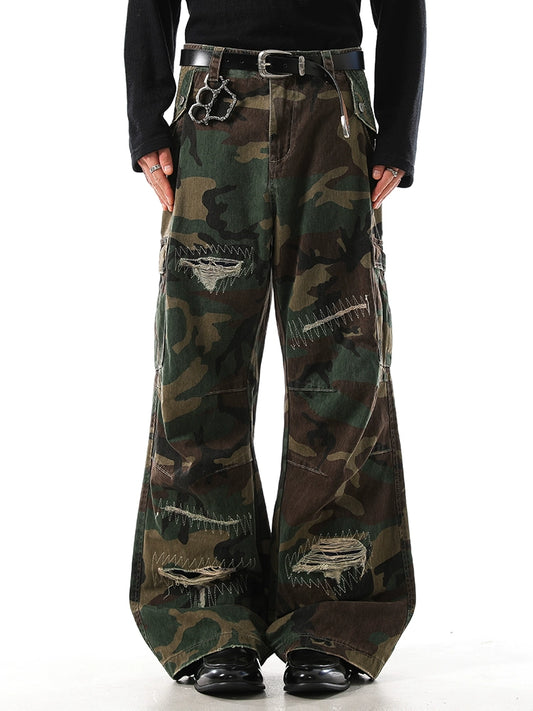 CAMO DESTROYED WIDE LEG PANTS