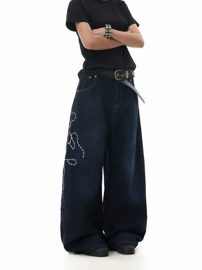 BACK PRINT LIGHTNING WASH DISTRESSED BAGGY DENIM PANTS
