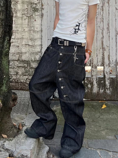 ASYMMETRIC BUTTON BAGGY DENIM