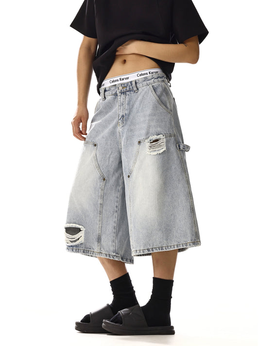 DOUBLE KNEE DAMAGE DENIM SHORTS