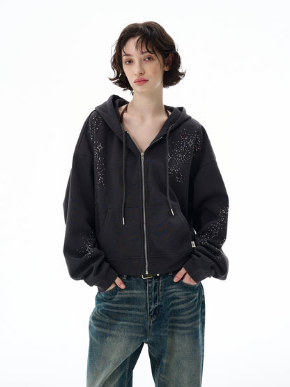 STARRY RHINESTONE ZIPPED HOODIE