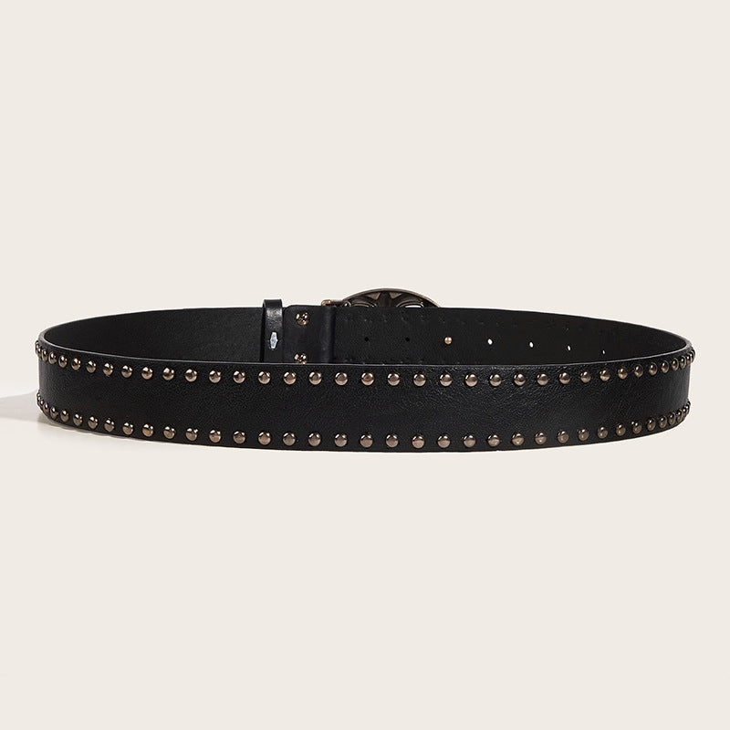 OVAL CROSS EMBOSSED BUCKLE STUD BELT