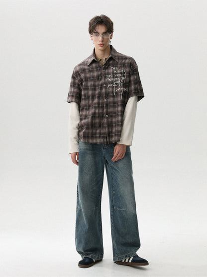 LAYERED CHECK GRAFFITI DAMAGE SHIRT