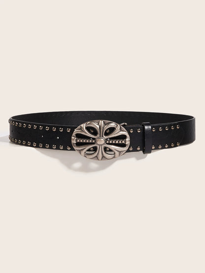 OVAL CROSS EMBOSSED BUCKLE STUD BELT
