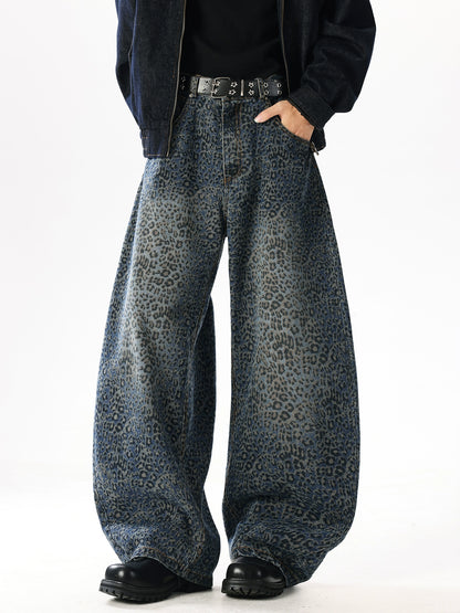 WASHED LEOPARD PRINT WIDE-LEG SCIMITAR JEANS