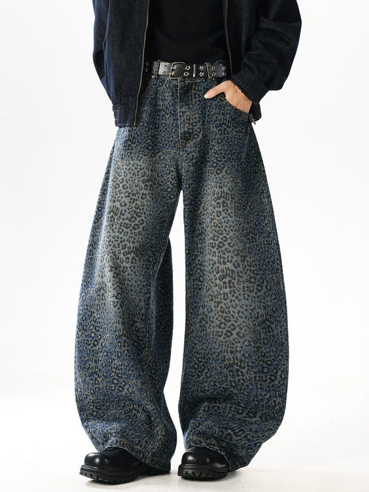 WASHED LEOPARD PRINT WIDE-LEG SCIMITAR JEANS