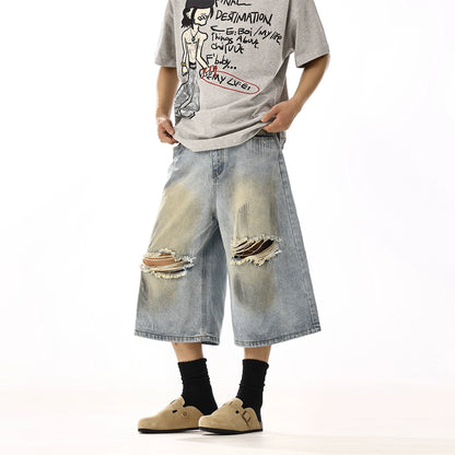 WASHED DAMAGE DENIM SHORTS