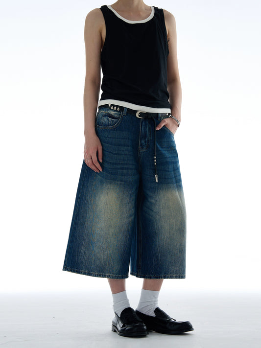 DISTRESSED WASHED DENIM SHORTS