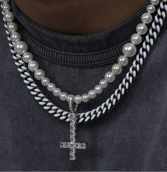 PEARL CROSS DOUBLE CHAIN NECKLACE
