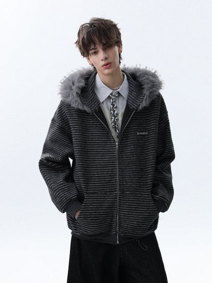 STRIPED FUR HOODED ZIP-UP