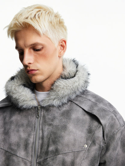 HEAVY SUEDE FUR HOODED BOMBER JACKET