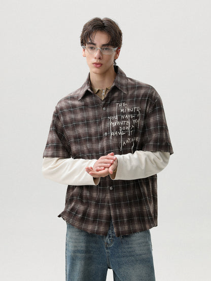 LAYERED CHECK GRAFFITI DAMAGE SHIRT