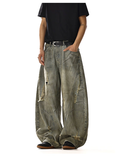 RETRO WASHED DISTRESSED RIPPED DAMAGE DENIM PANTS