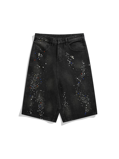 WASHED RHINESTONE DENIM SHORTS