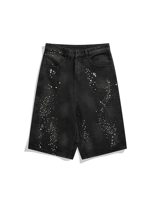 WASHED RHINESTONE DENIM SHORTS