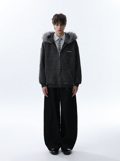 STRIPED FUR HOODED ZIP-UP