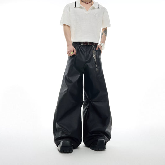 BAGGY BLACK LEATHER WIDE LEG PANTS