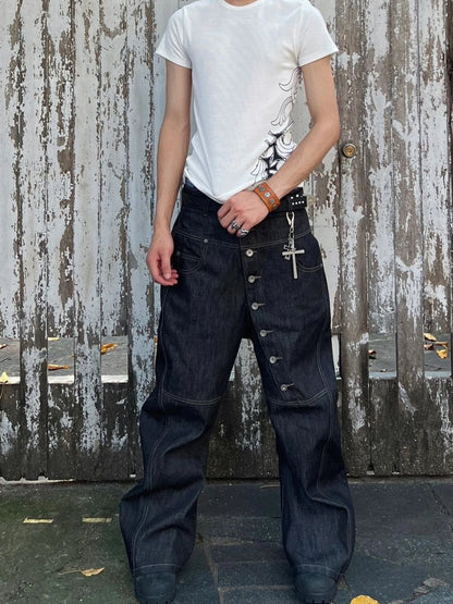 ASYMMETRIC BUTTON BAGGY DENIM