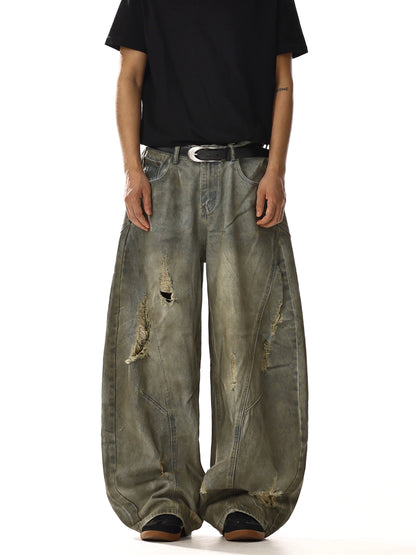 RETRO WASHED DISTRESSED RIPPED DAMAGE DENIM PANTS