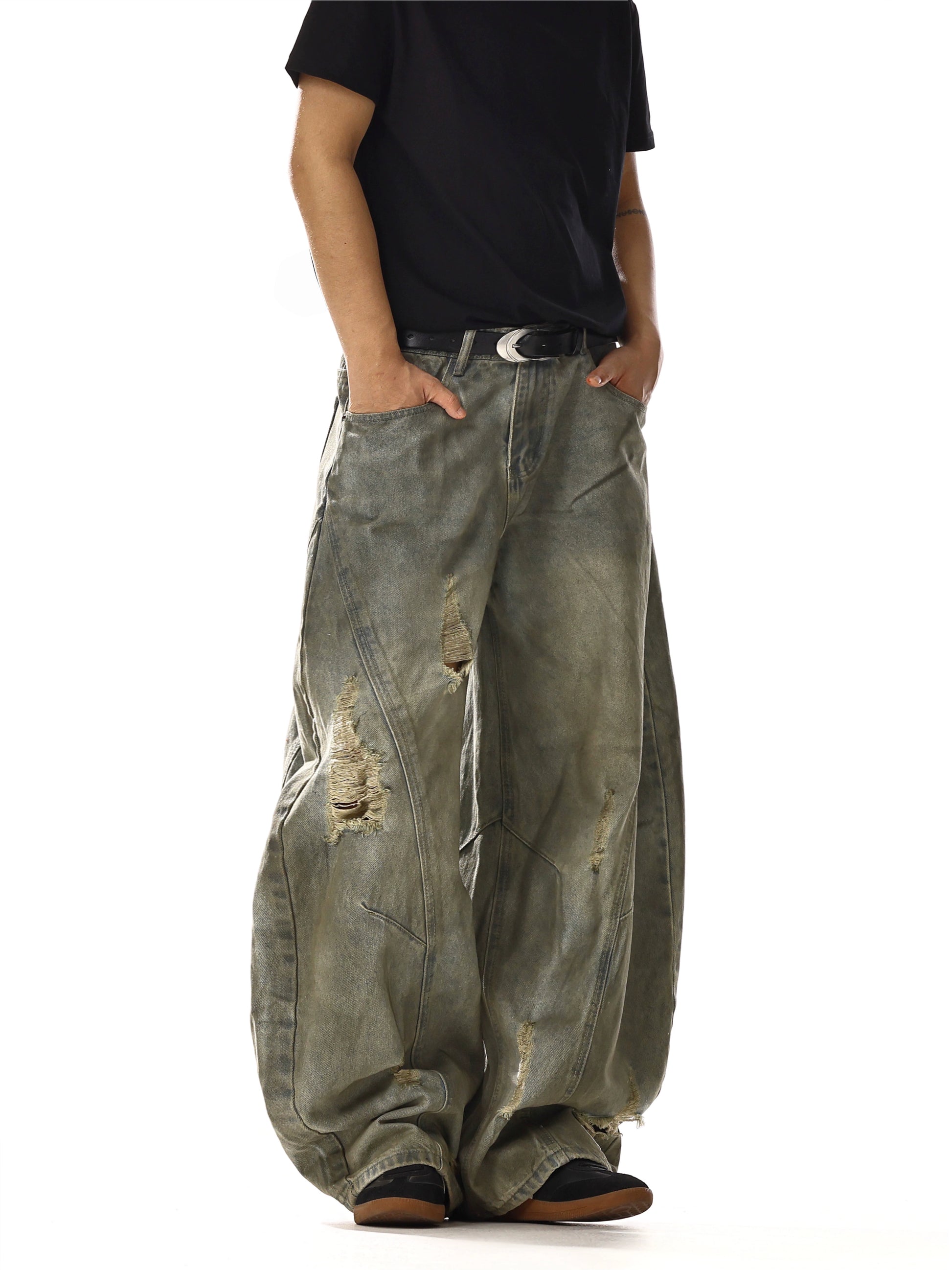 [RAIVE] Destroyed Vintage Denim Pants ★大人気★ RETRO WASHED DISTRESSED RIPPED DAMAGE DENIM PANTS – GEEK