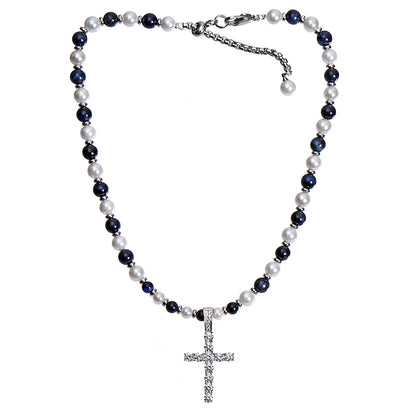PEARL STONE ICED CROSS NECKLACE