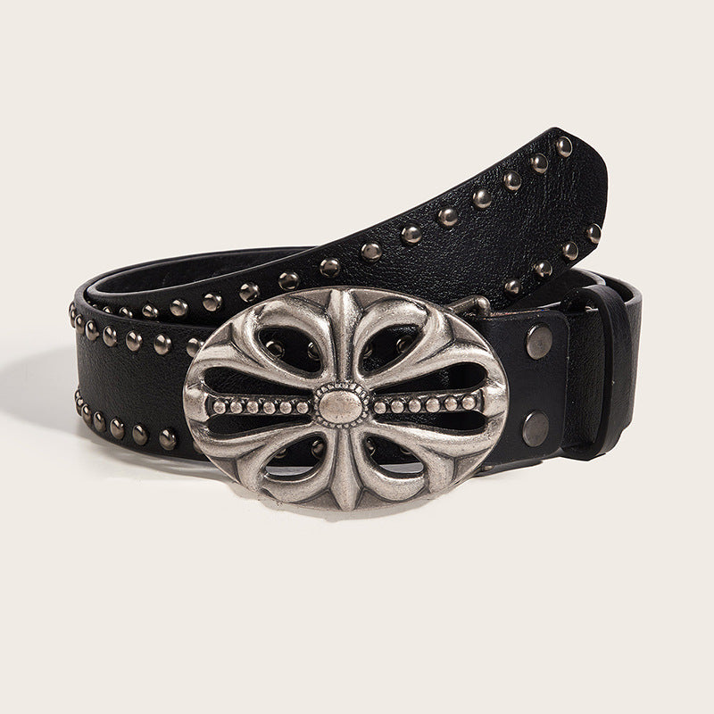 OVAL CROSS EMBOSSED BUCKLE STUD BELT