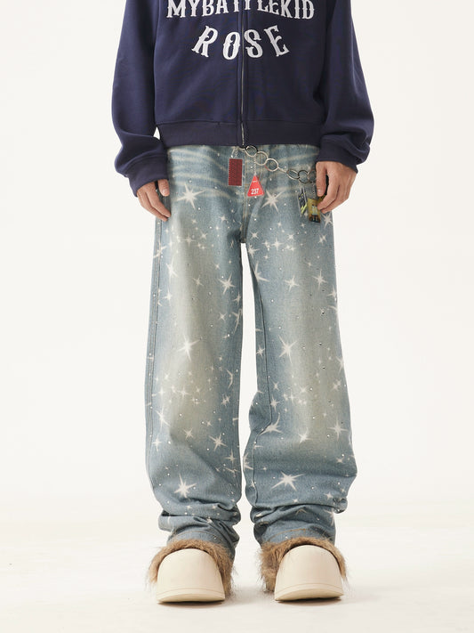 VINTAGE WASHED RHINESTONES STAR PRINT DENIM PANTS