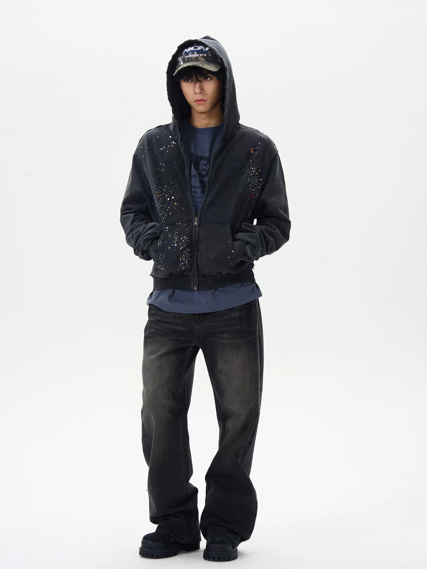 トップス G.E.E.K RHINESTONE DAMAGED ZIPPED HOODIE RHINESTONE DAMAGED ZIPPED HOODIE – GEEK