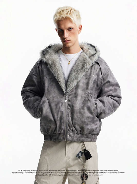 HEAVY SUEDE FUR HOODED BOMBER JACKET