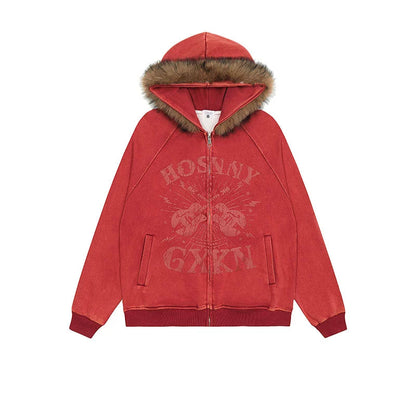 VINTAGE WASHED GRAPHIC FUR HOODED JACKET
