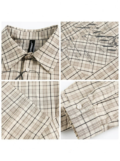 AMERICAN VINTAGE LETTER PRINT CHECK SHIRT JACKET