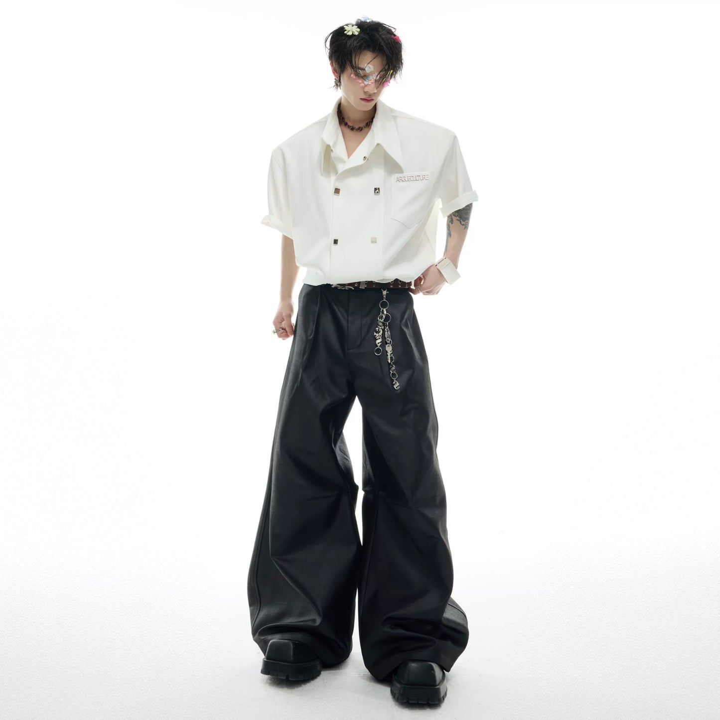 BAGGY BLACK LEATHER WIDE LEG PANTS