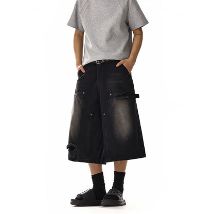 DOUBLE KNEE DAMAGE DENIM SHORTS