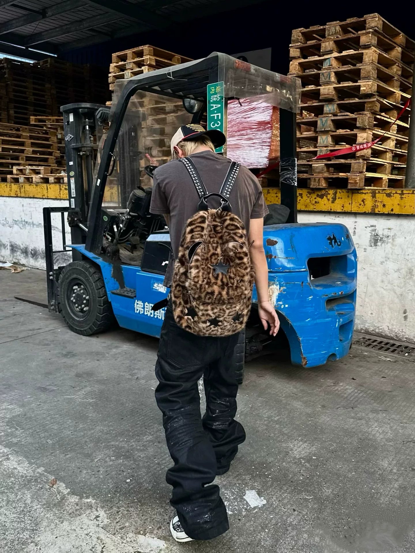 Leopard Fur Studded Star Backpack