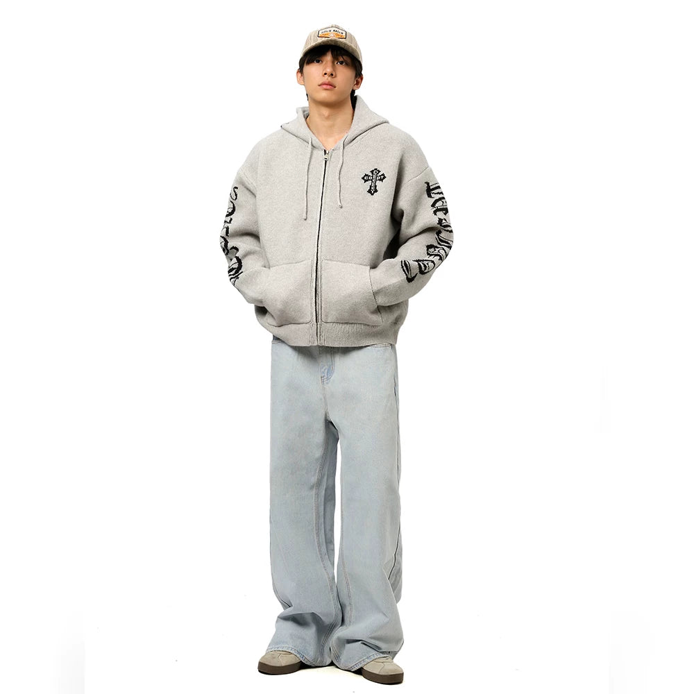CROSS EMBROIDERY KNIT HOODIE