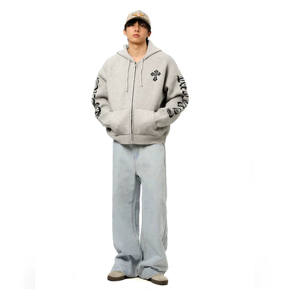CROSS EMBROIDERY KNIT HOODIE