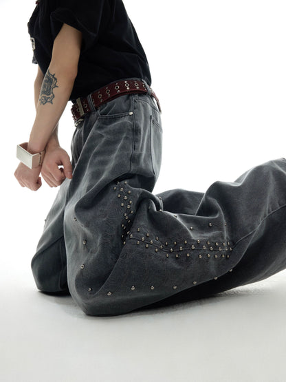 WASHED GRAPHIC RHINESTONE DENIM PANTS