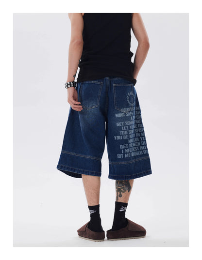 BACKPRINT WASHED DITRESSED DENIM SHORTS