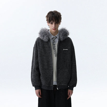 STRIPED FUR HOODED ZIP-UP