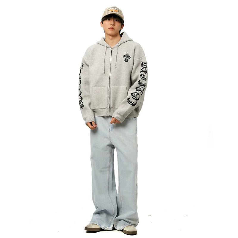 CROSS EMBROIDERY KNIT HOODIE