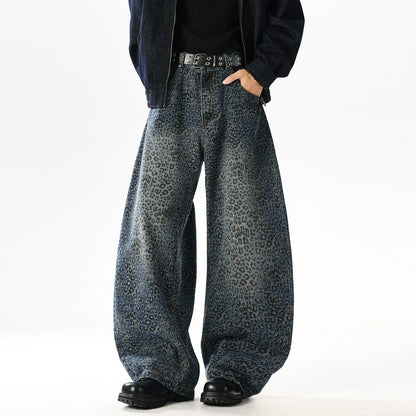 WASHED LEOPARD PRINT WIDE-LEG SCIMITAR JEANS