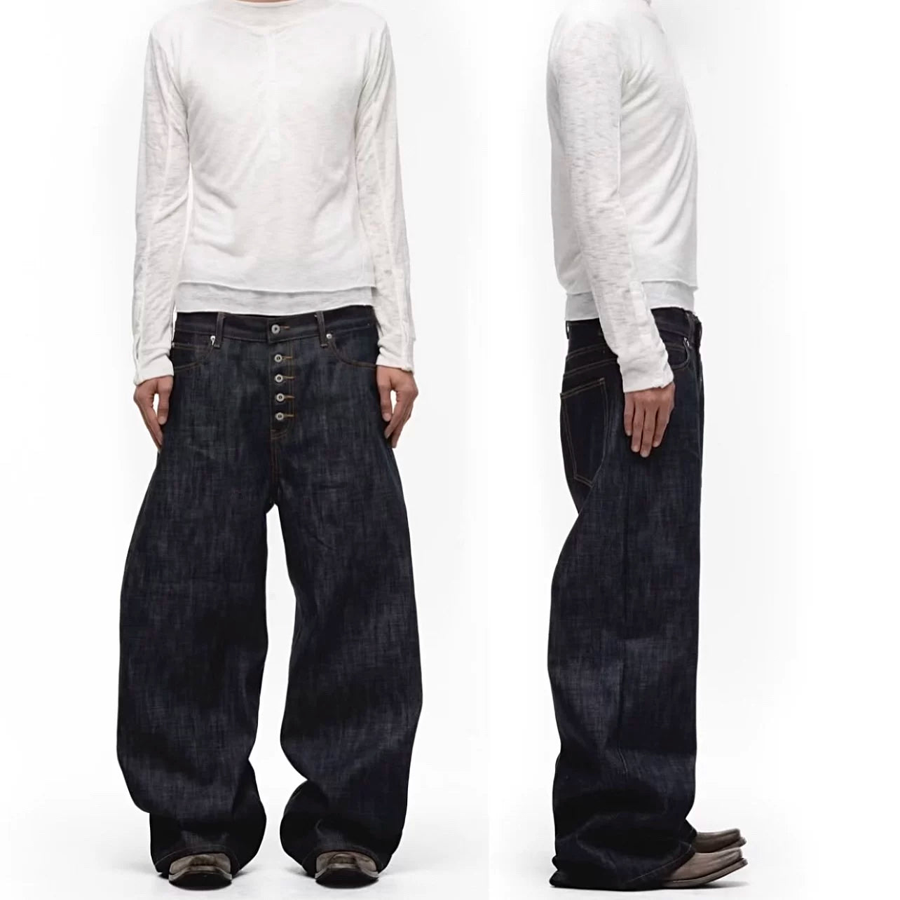BUTTON FLY BAGGY DENIM PANTS
