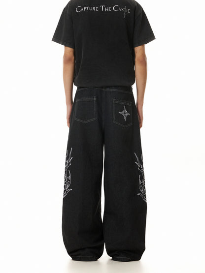 FIRE PATTERN EMBROIDERY BAGGY DENIM