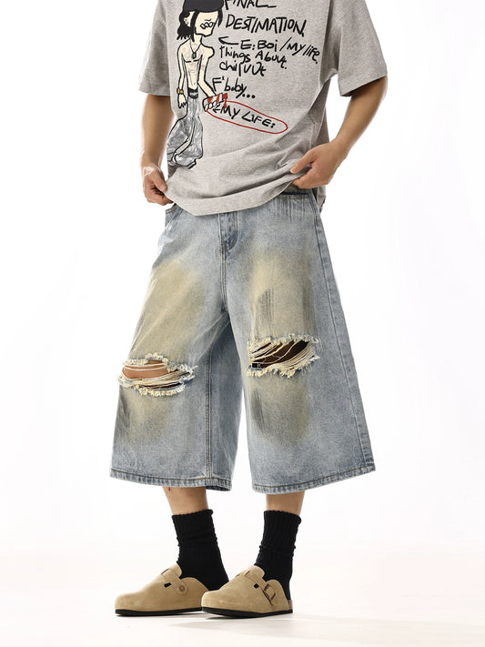 WASHED DAMAGE DENIM SHORTS