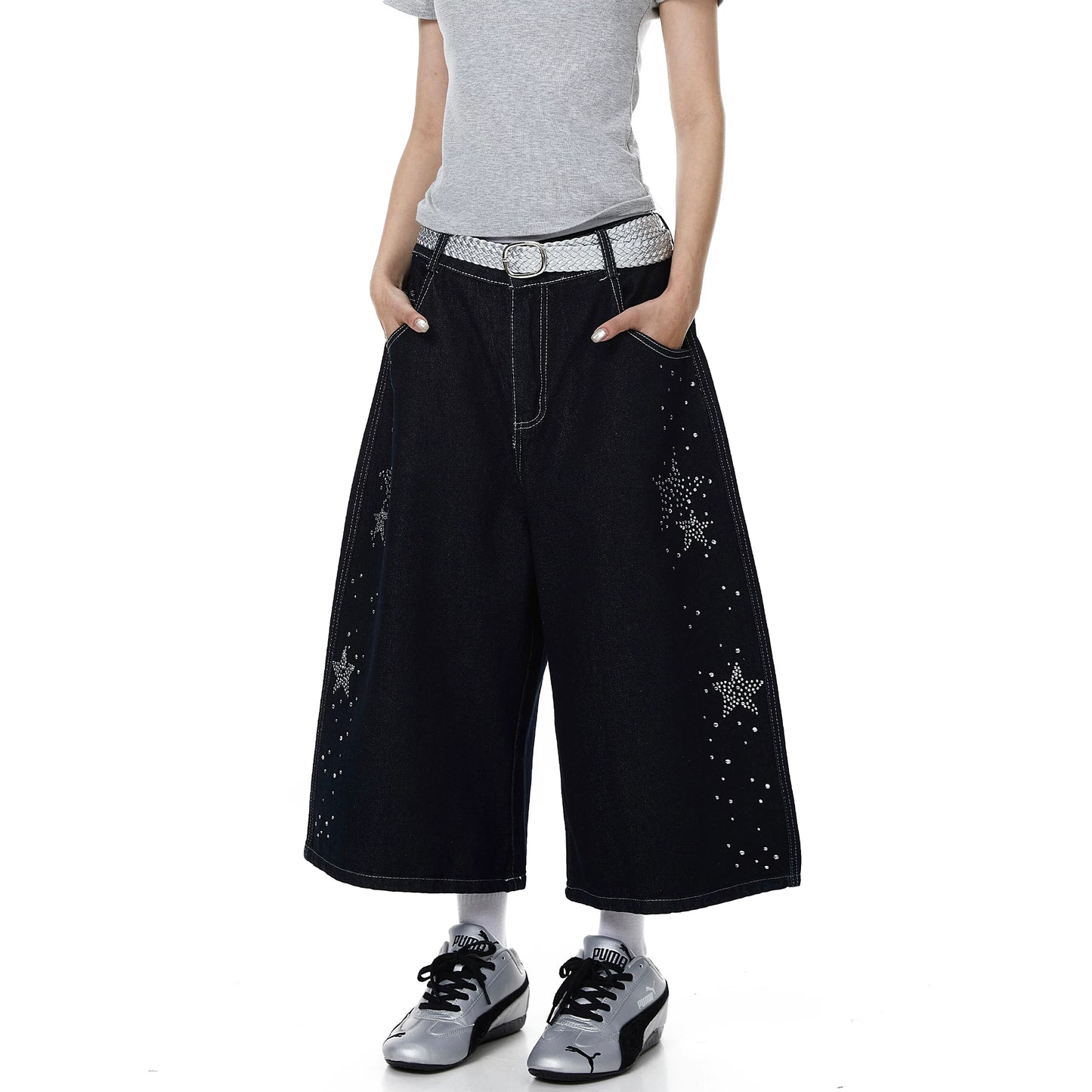 STAR STUDDED WIDE DENIM PANTS