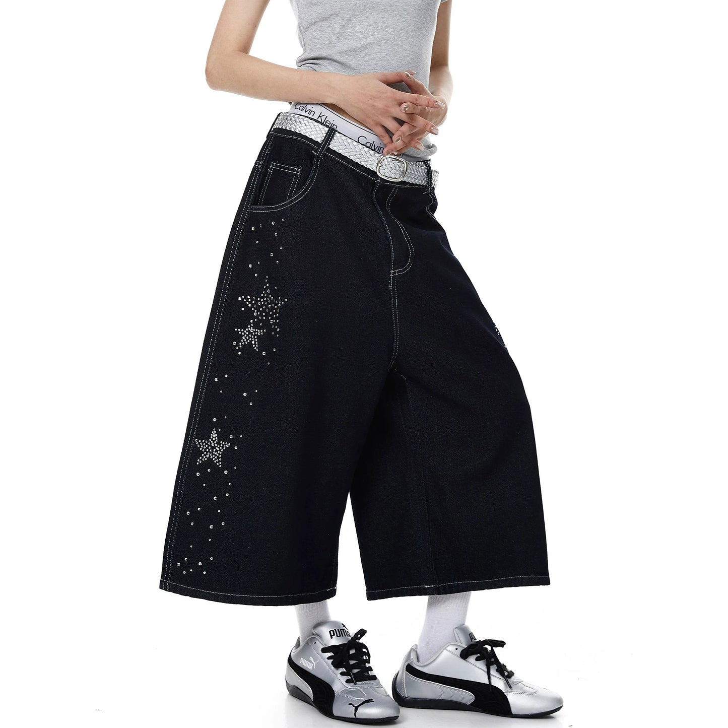 STAR STUDDED WIDE DENIM PANTS