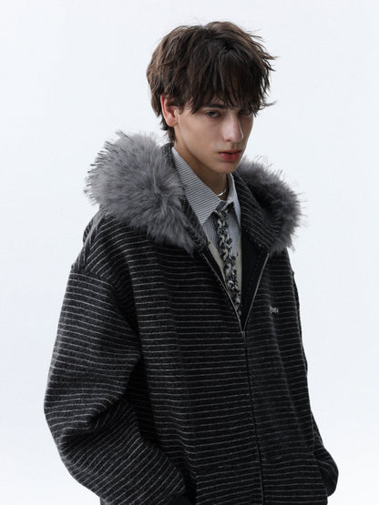 STRIPED FUR HOODED ZIP-UP