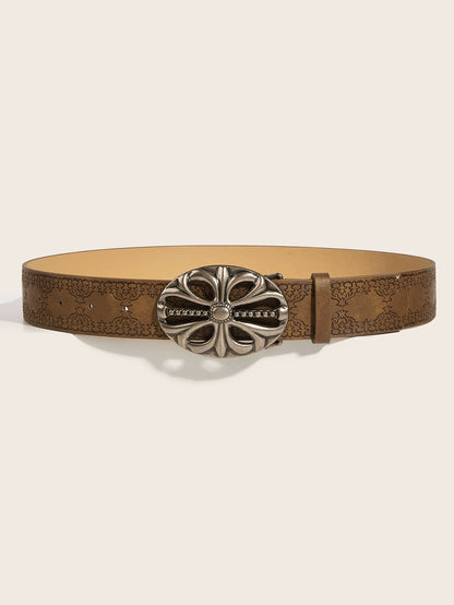 OVAL CROSS EMBOSSED BUCKLE STUD BELT